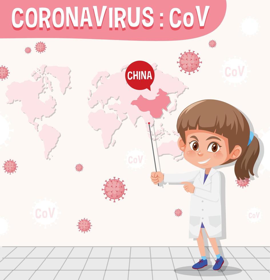 Tabla de coronavirus con científico apuntando a China en el mapa vector