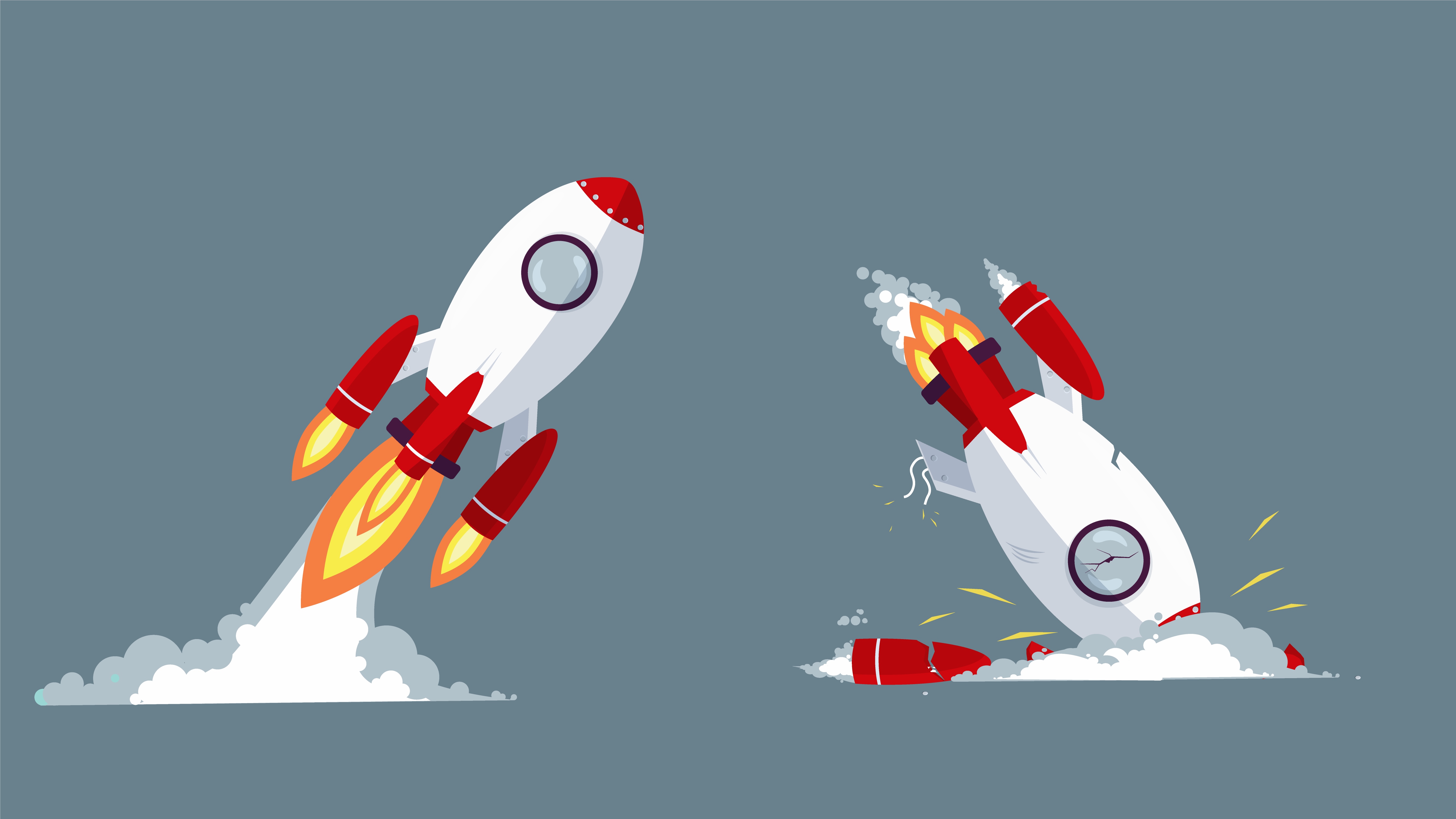 Cartoon rocket taking off and crash vector graphic illustration. 