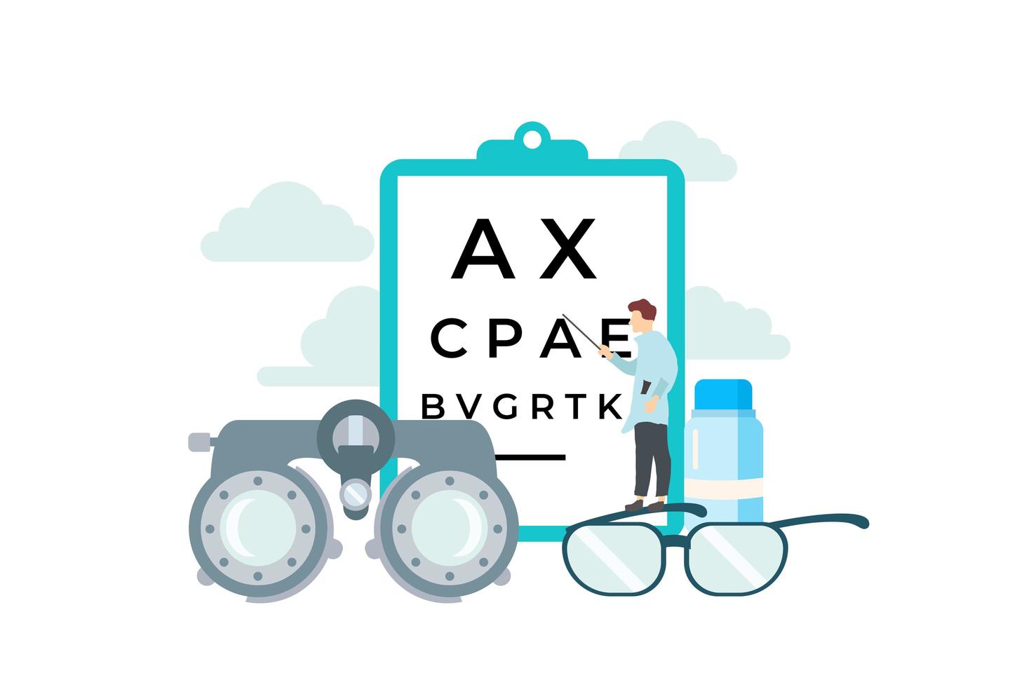 Tiny Eye Doctor Standing on Glasses Pointing at Chart vector