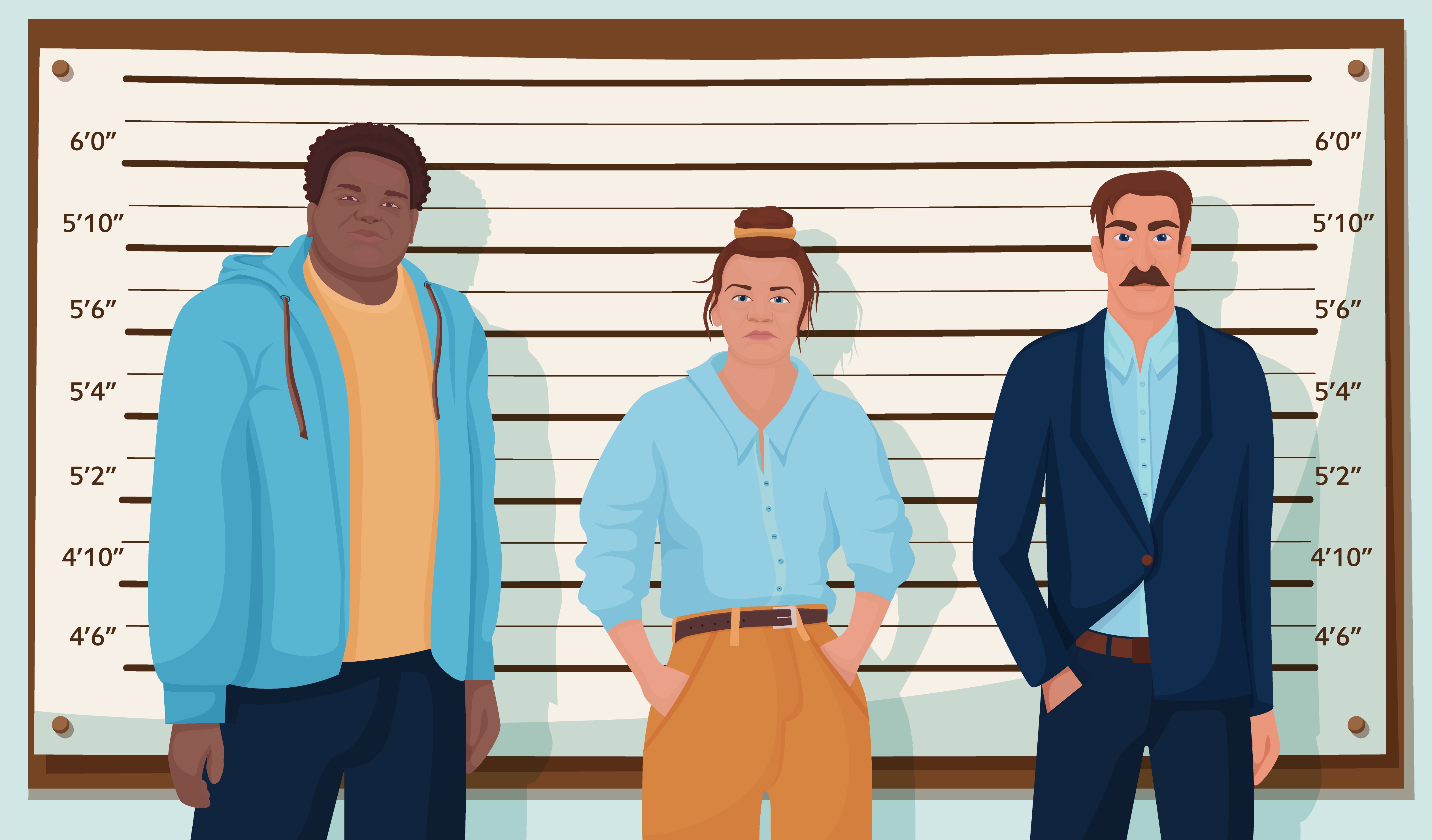 Group of cartoon criminal persons standing at police lineup vector graphic ...