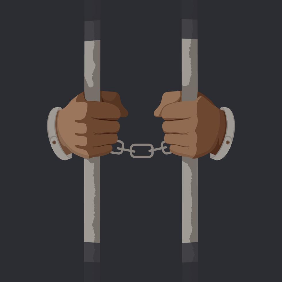 Arms of male prisoner in handcuffs holding jail bars  vector