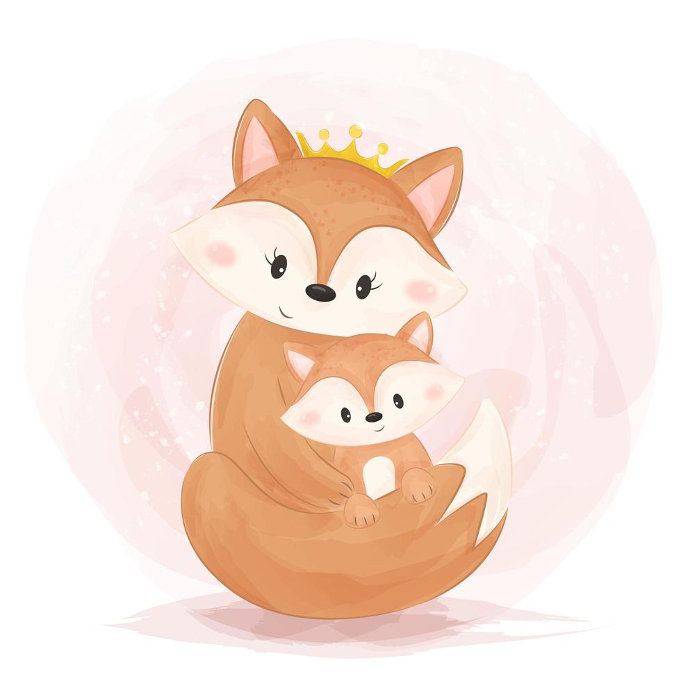 Watercolor style cute fox mother and child vector