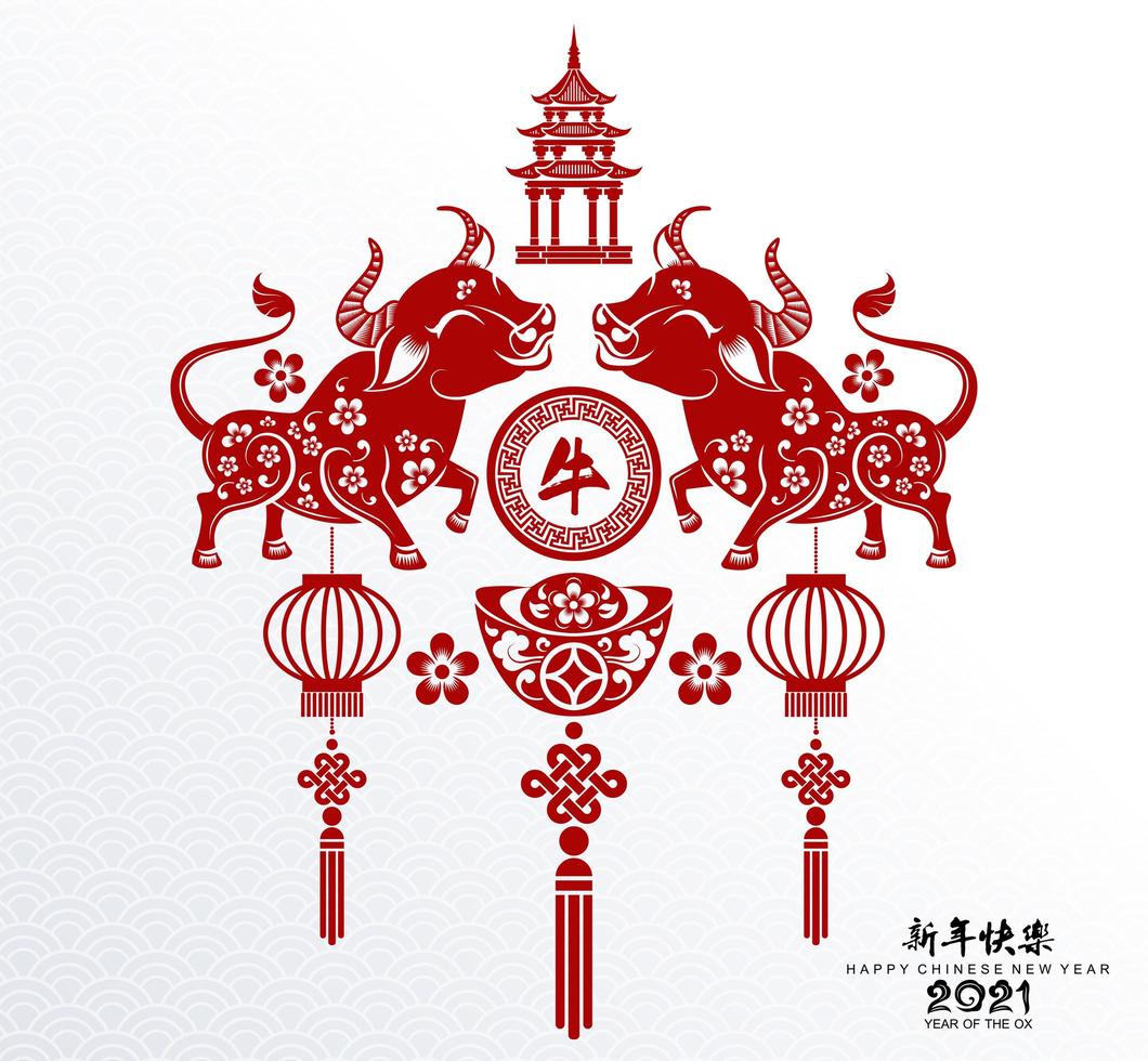 Chinese new year 2021 design with oxen and lanterns vector