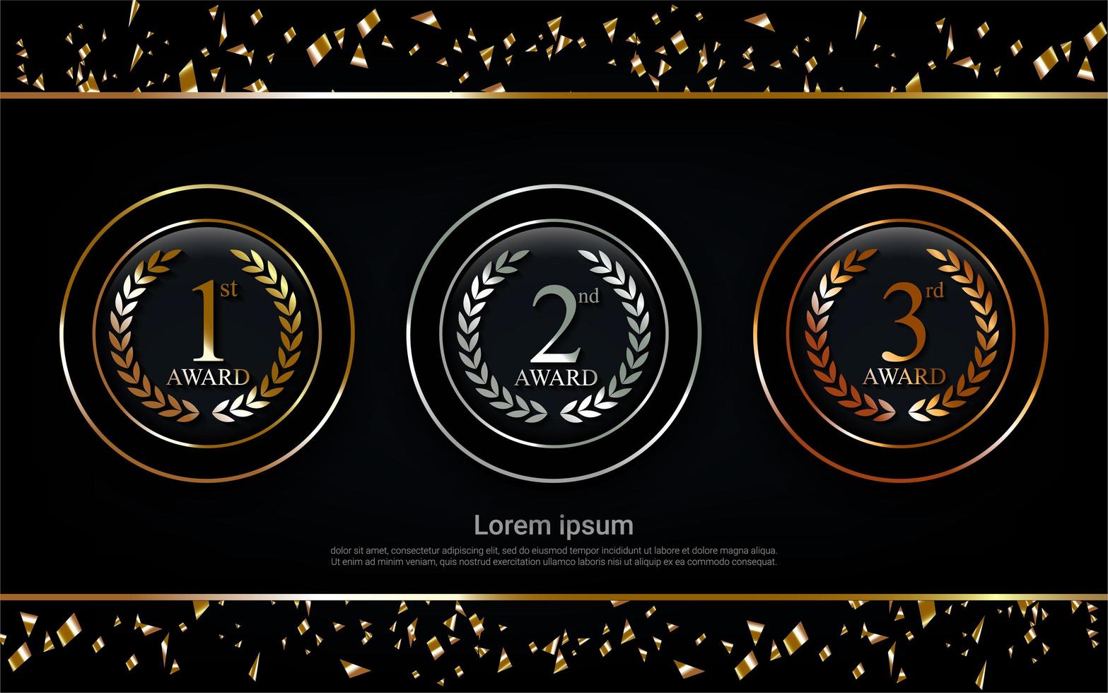 Champion gold, silver and bronze award circle set medal vector