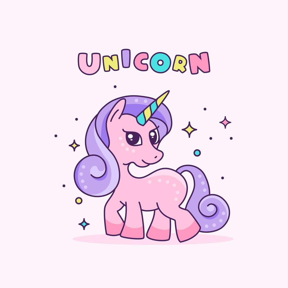 Unicornio rosa de dibujos animados con letras vector