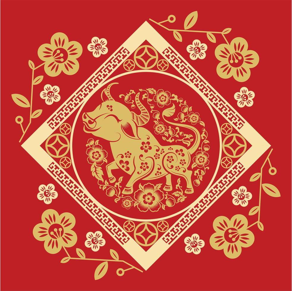 Chinese new year 2021 diamond frame with ox vector