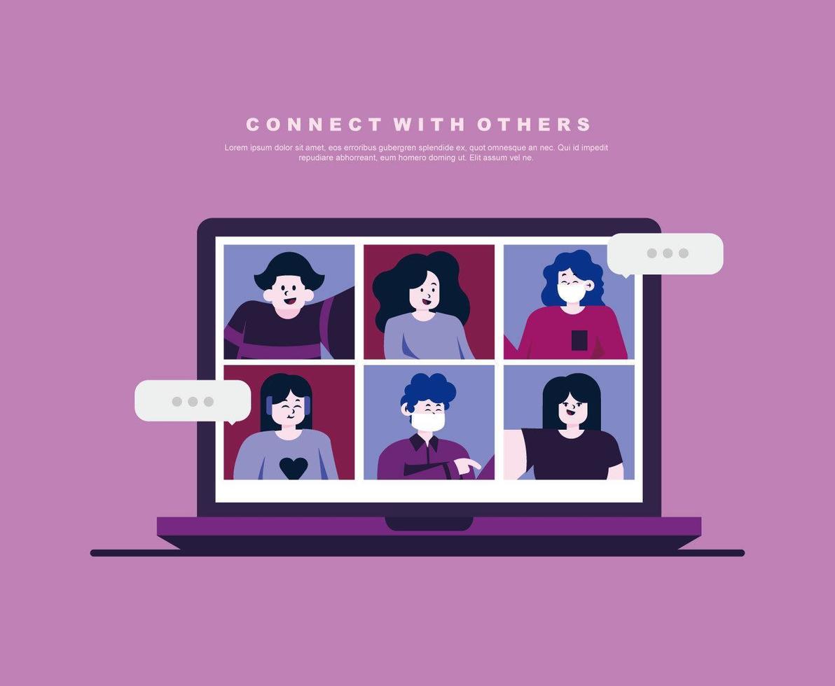 Purple design with people in video call vector