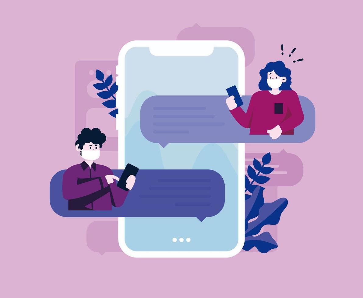 Purple design with masked people texting vector