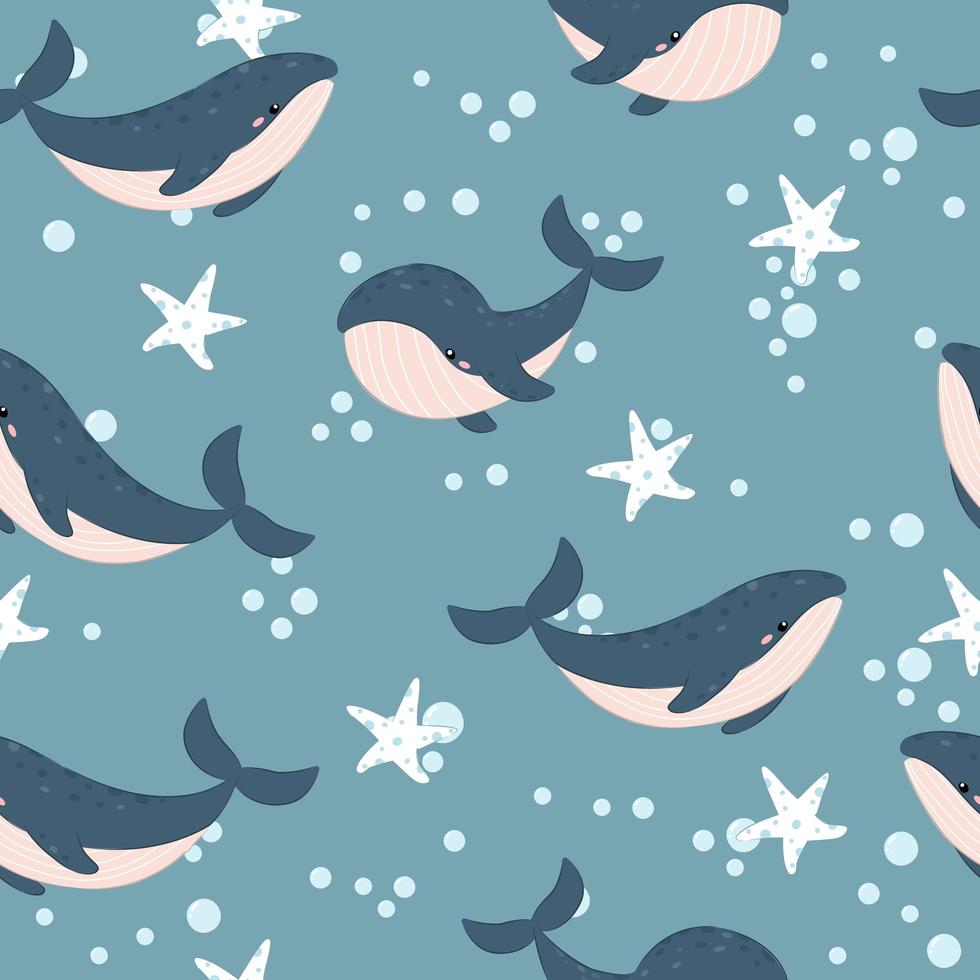 Cute whales and starfish seamless pattern vector