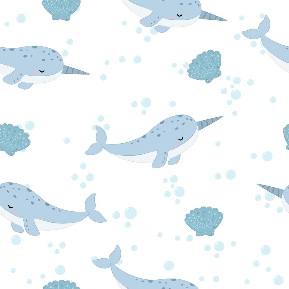 Cartoon narwhal seamless pattern vector