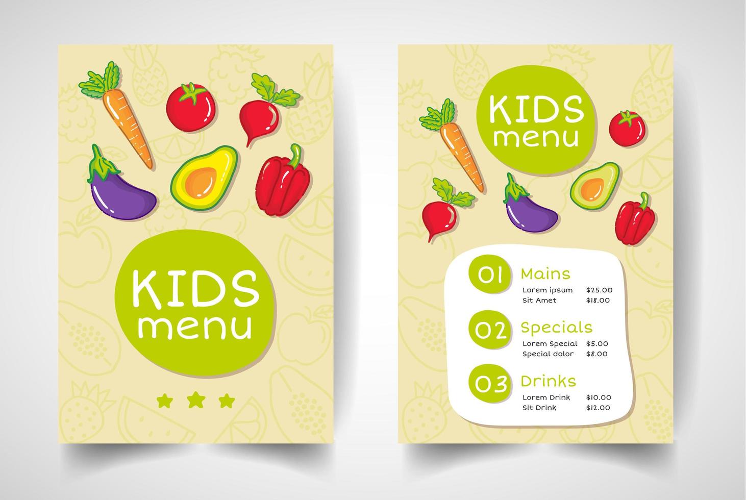 Kids fruit and vegetable restaurant menu vector