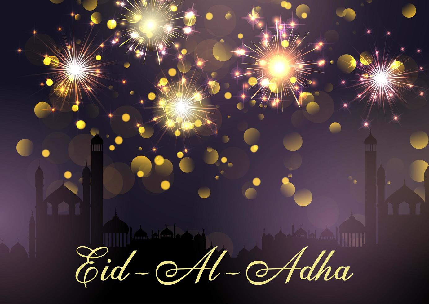 Fondo eid al adha con mezquitas y fuegos artificiales vector