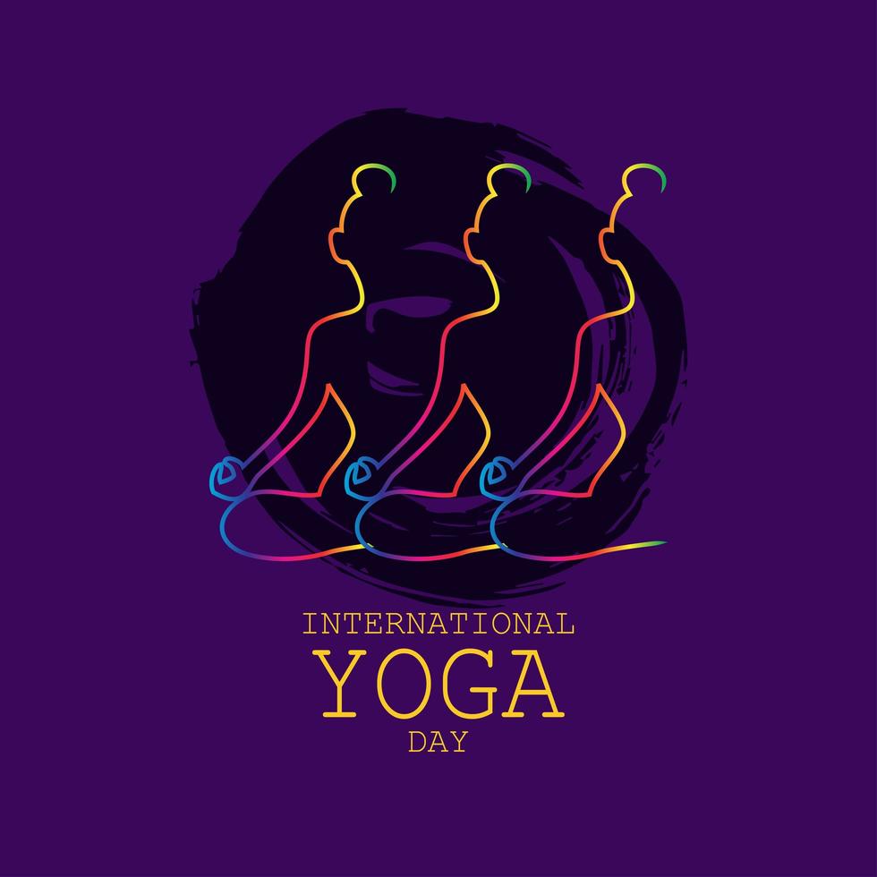 cartel morado del día internacional del yoga vector