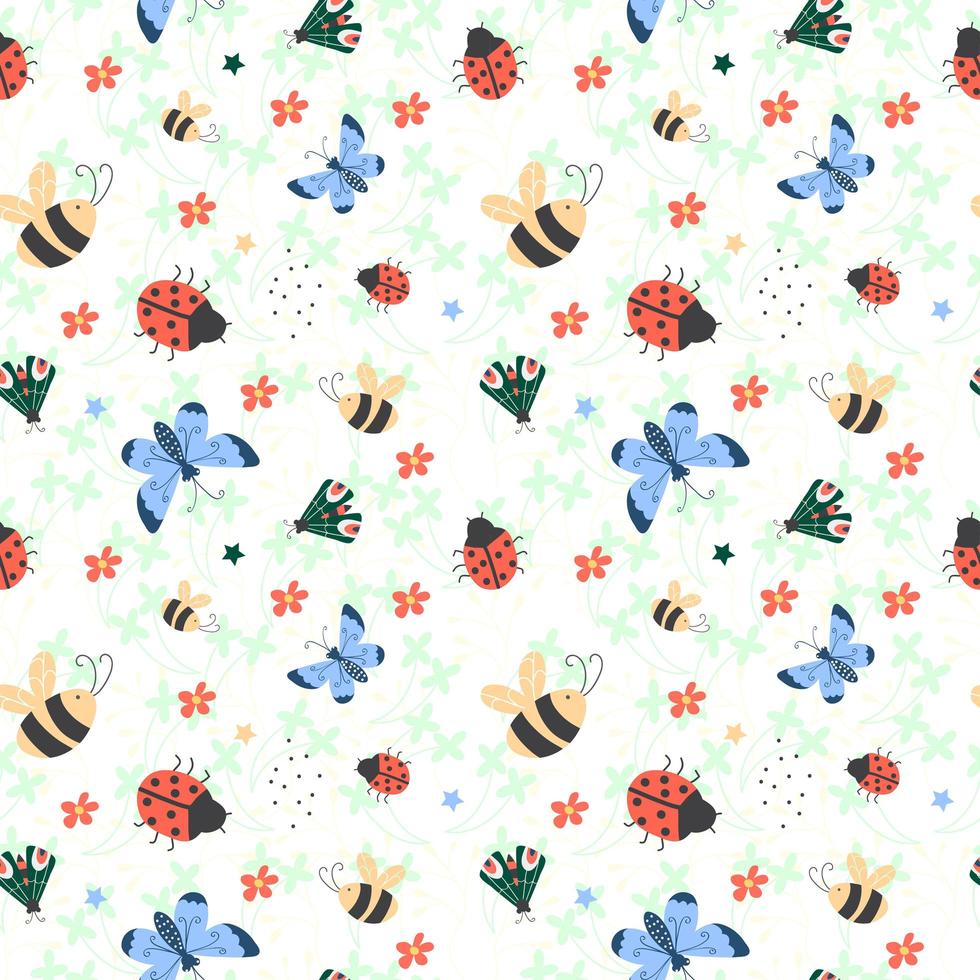 Seamless pattern with colorful butterflies,ladybug, bee and beetle. vector