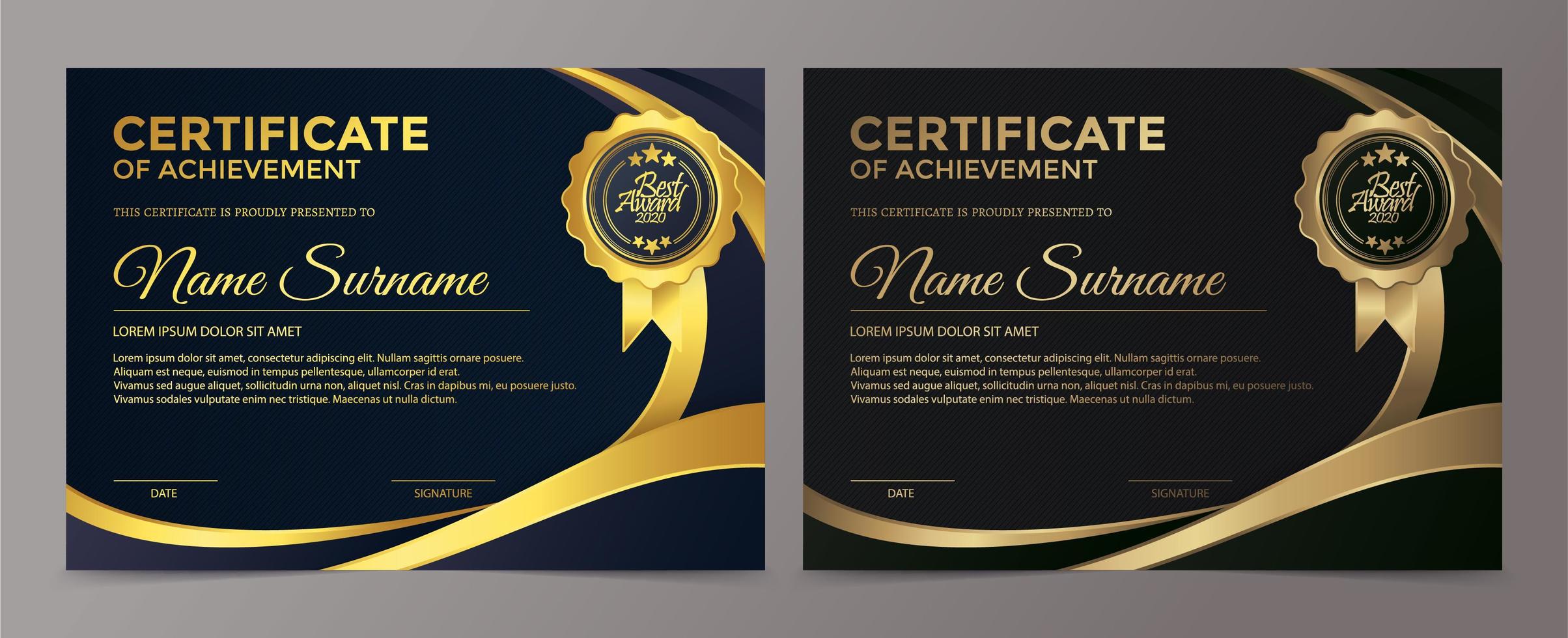 conjunto de plantillas de certificado premium de oro y azul negro vector