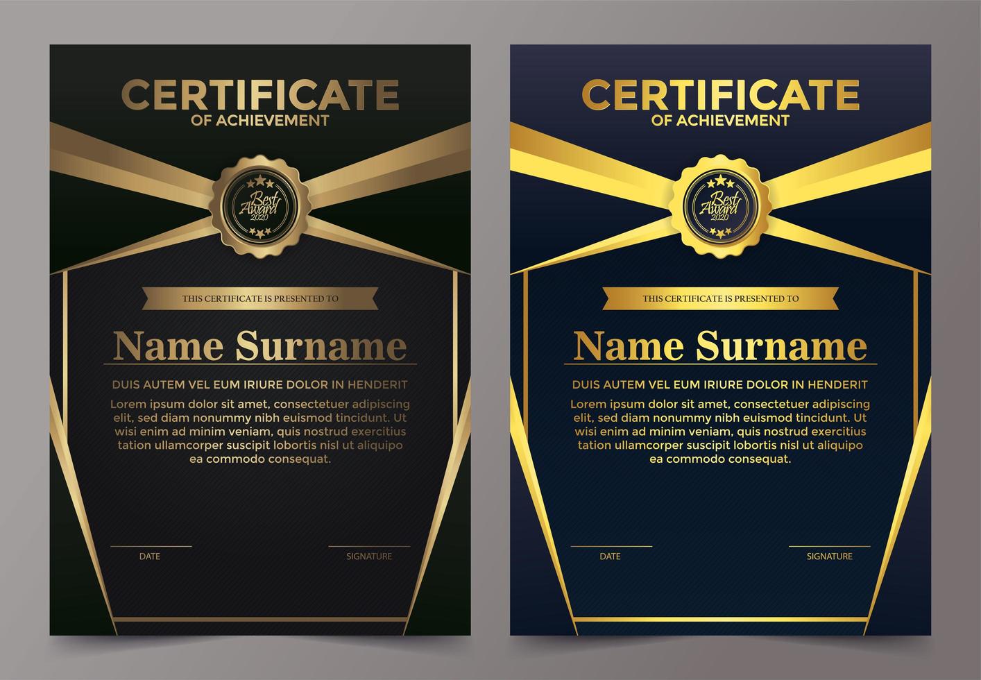 conjunto de certificado de logro negro y dorado vector