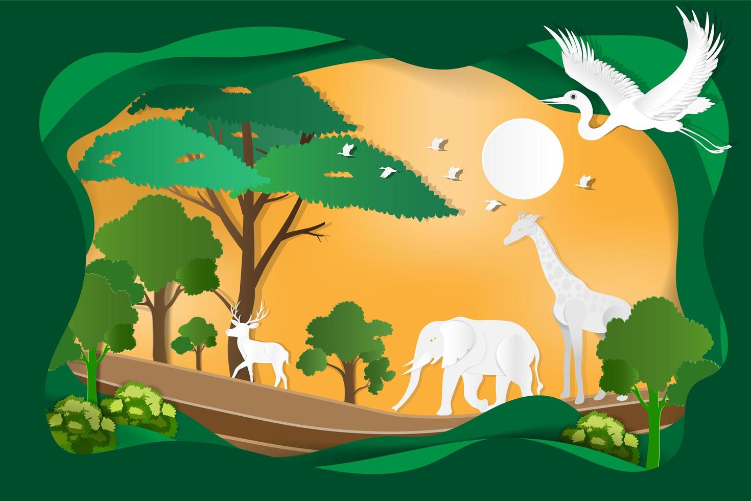 Elephants, giraffes, birds, deer live in forest  vector