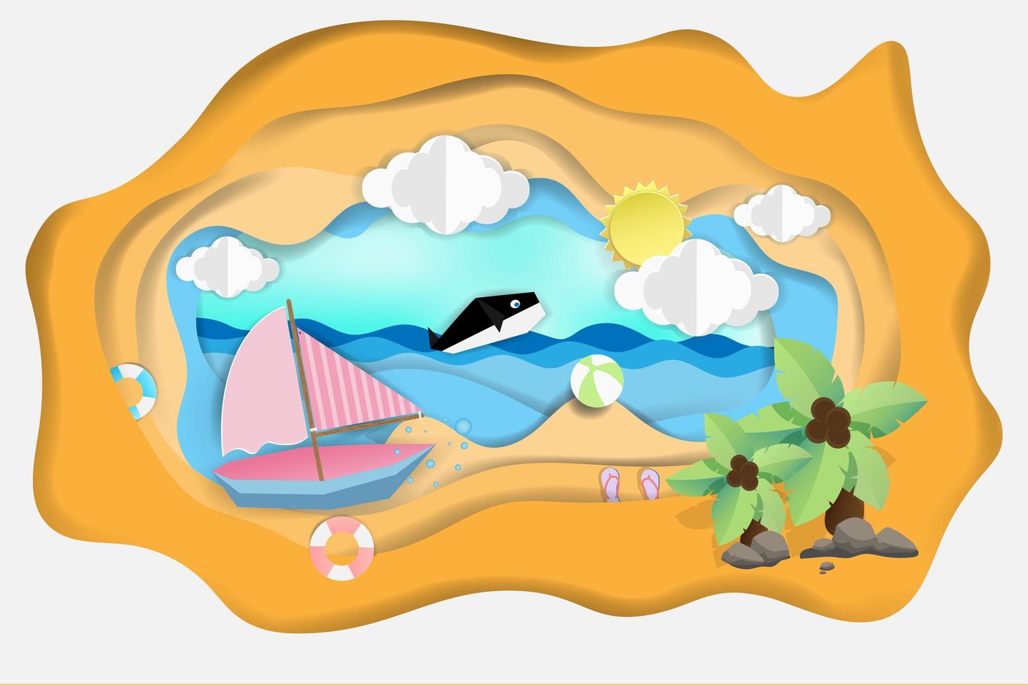 Boat floating on the sea with dolphin vector