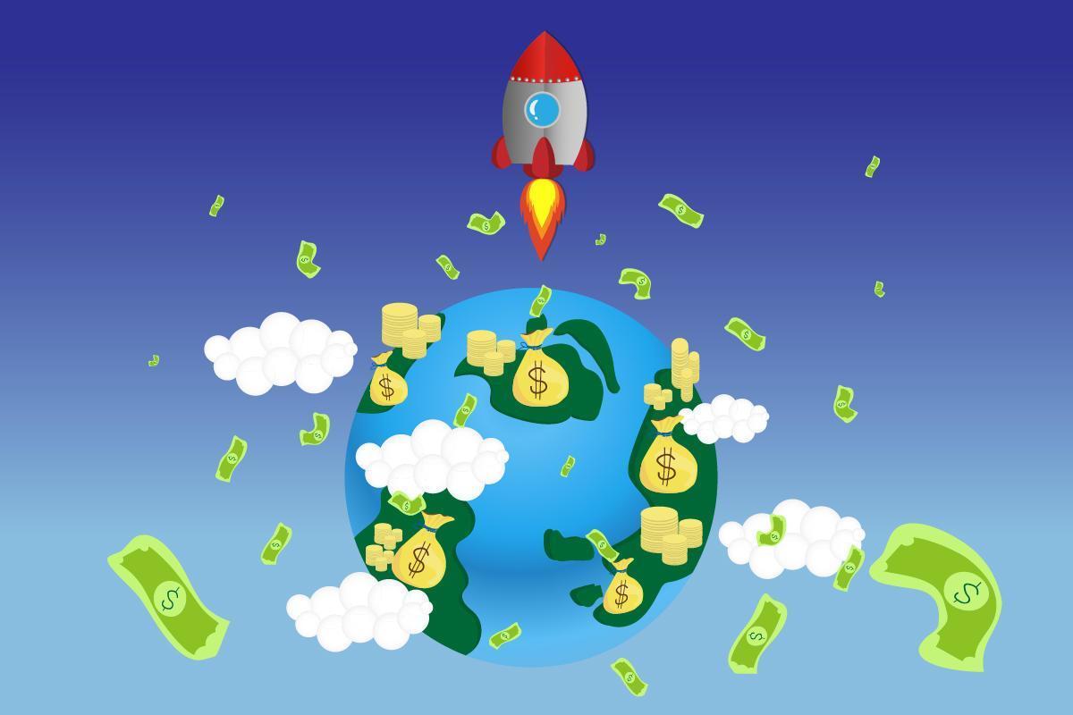 Rockets Launching from Earth with Money Floating  vector