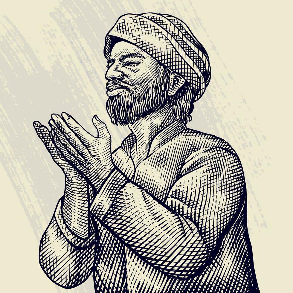 Hand Drawn Engraving of Old Man Praying  vector