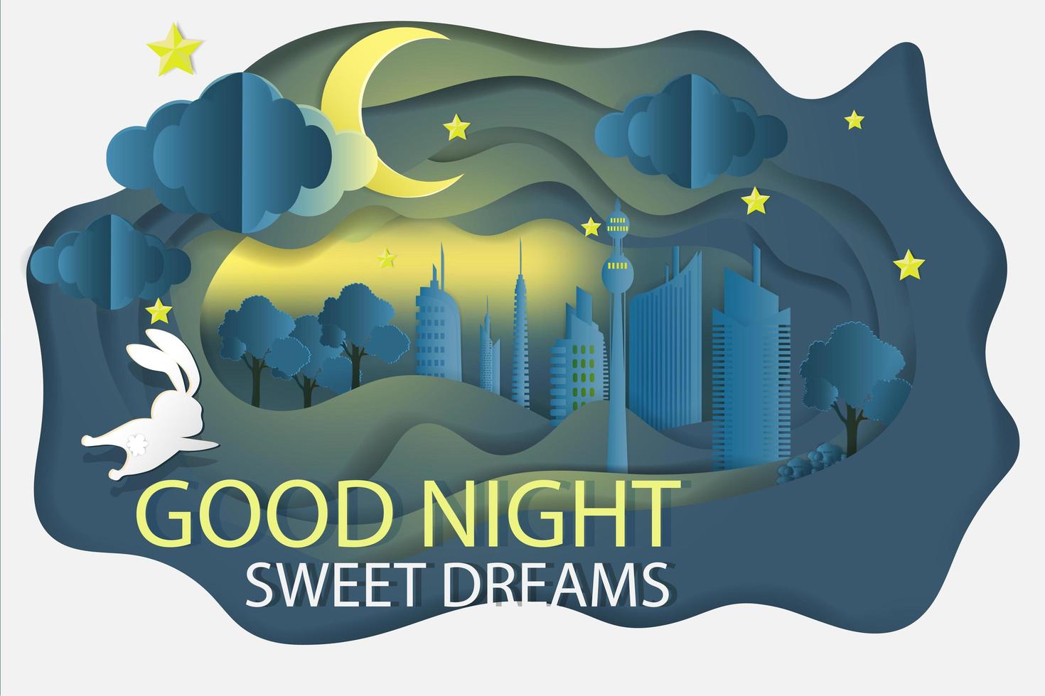 ciudad de noche con diseño de conejos dulces sueños vector