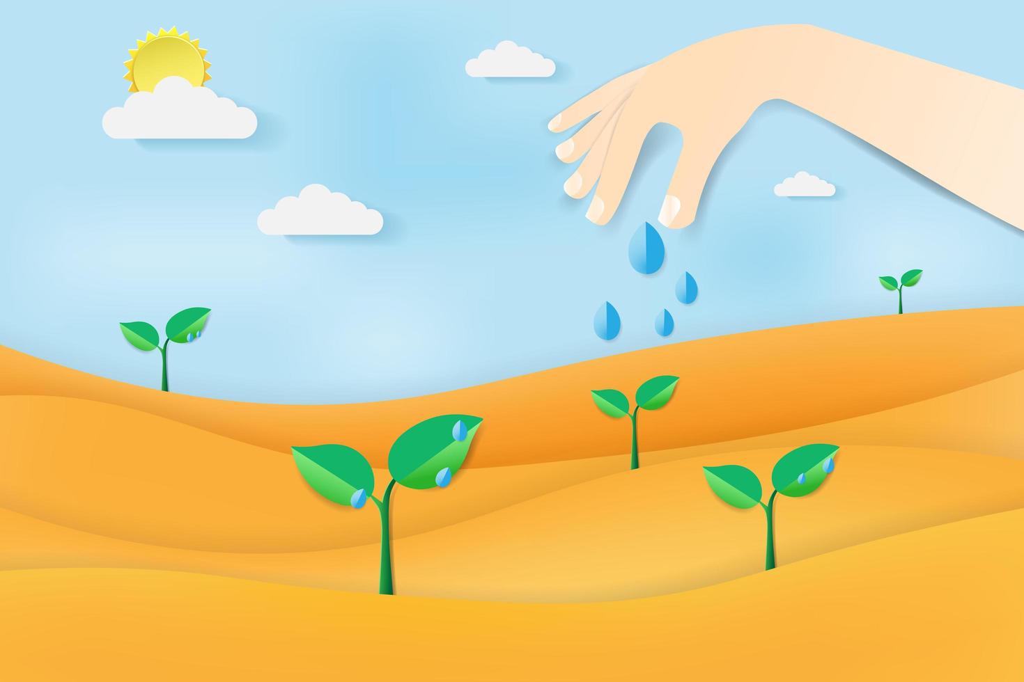 Desert Landscape with Hand Watering Plants  vector
