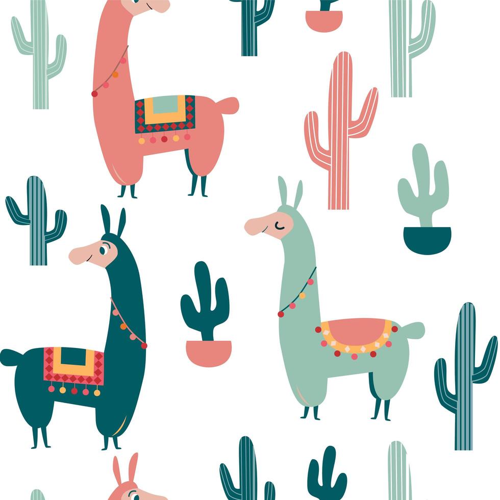 Cute vector alpaca and cactus pattern