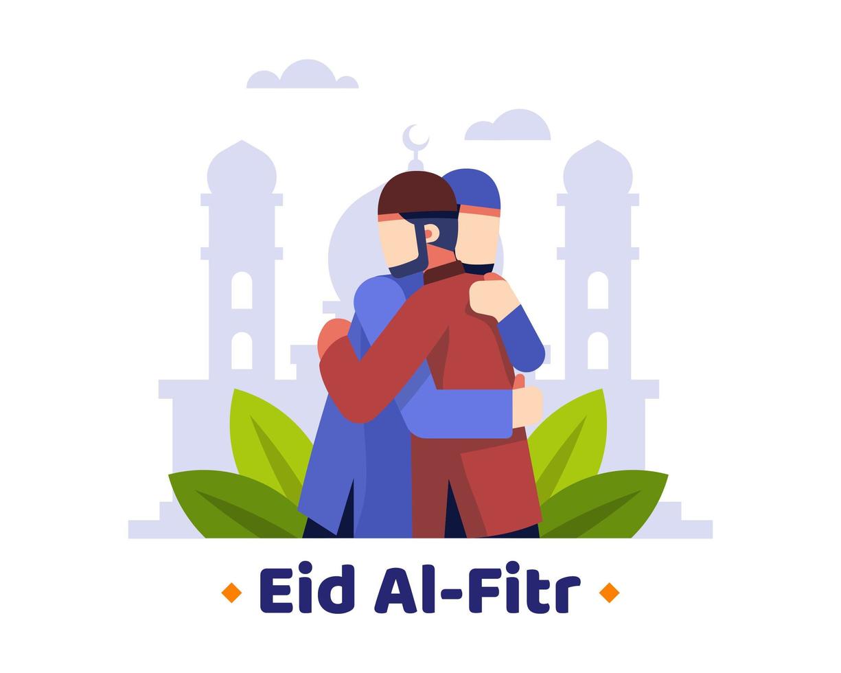 Fondo eid al fitr con dos musulmanes abrazándose vector