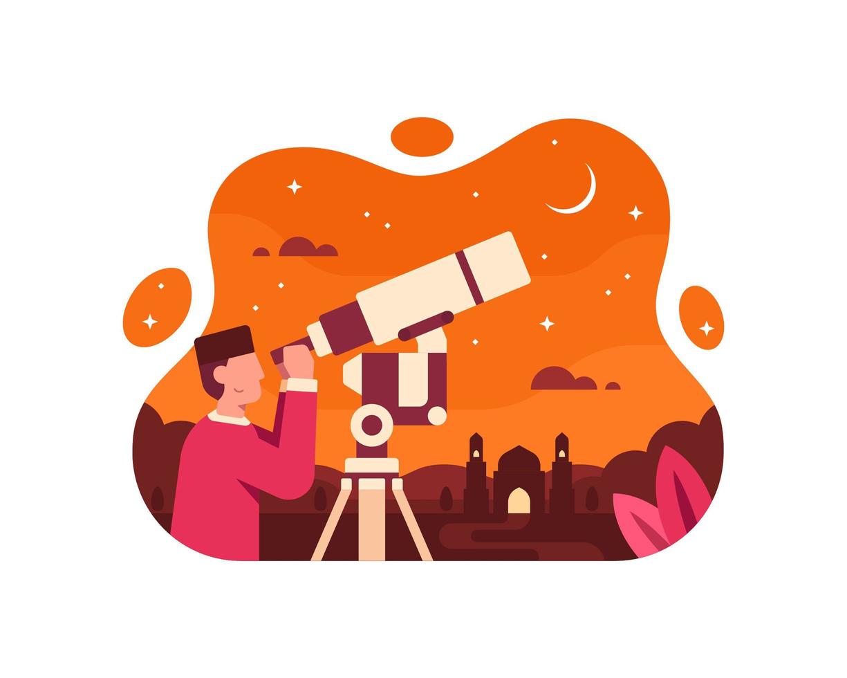 A Moslem Astronomer Seeing the Crescent Using a Telescope vector