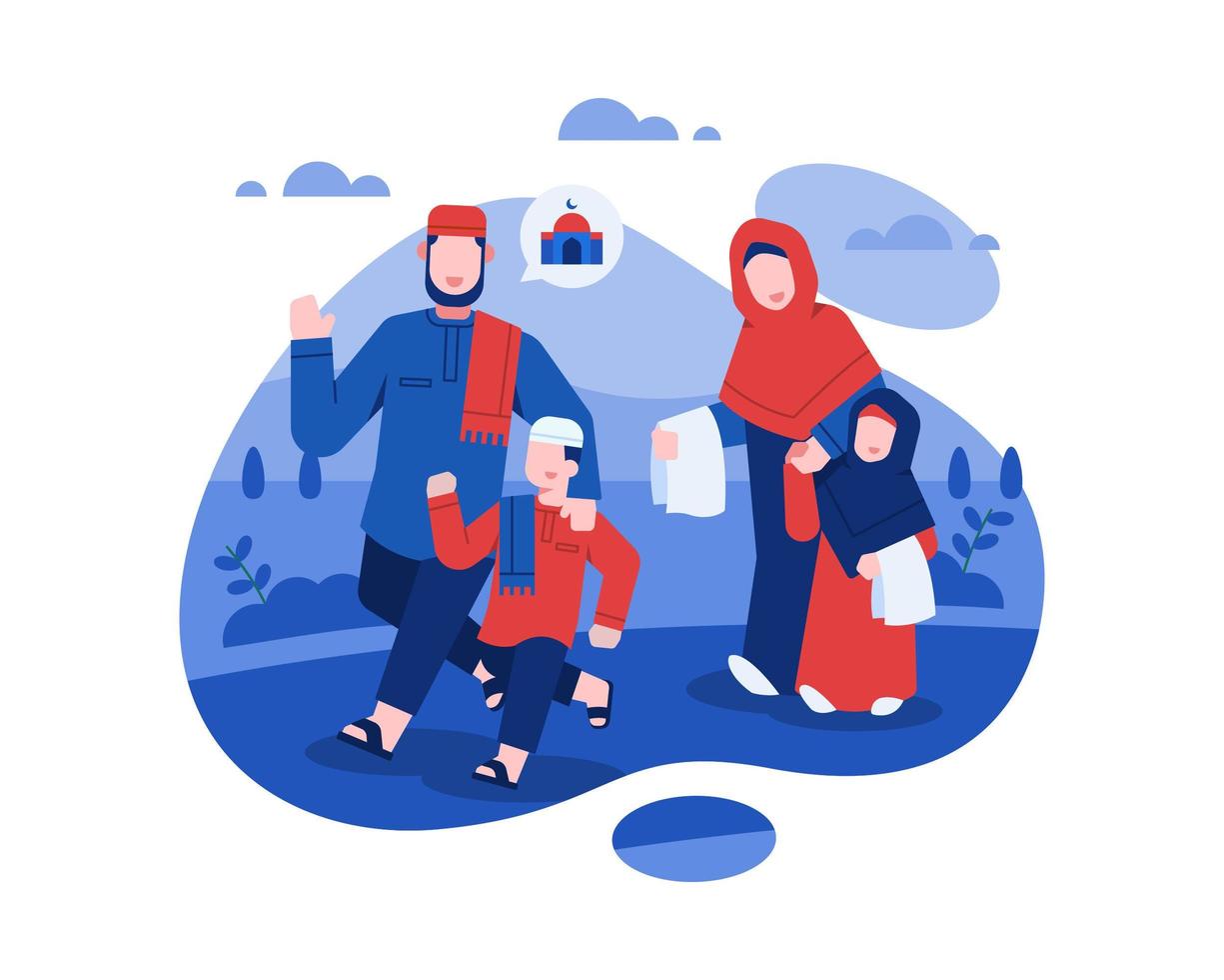 Diseño de eid al fitr con familia musulmana yendo a la mezquita vector