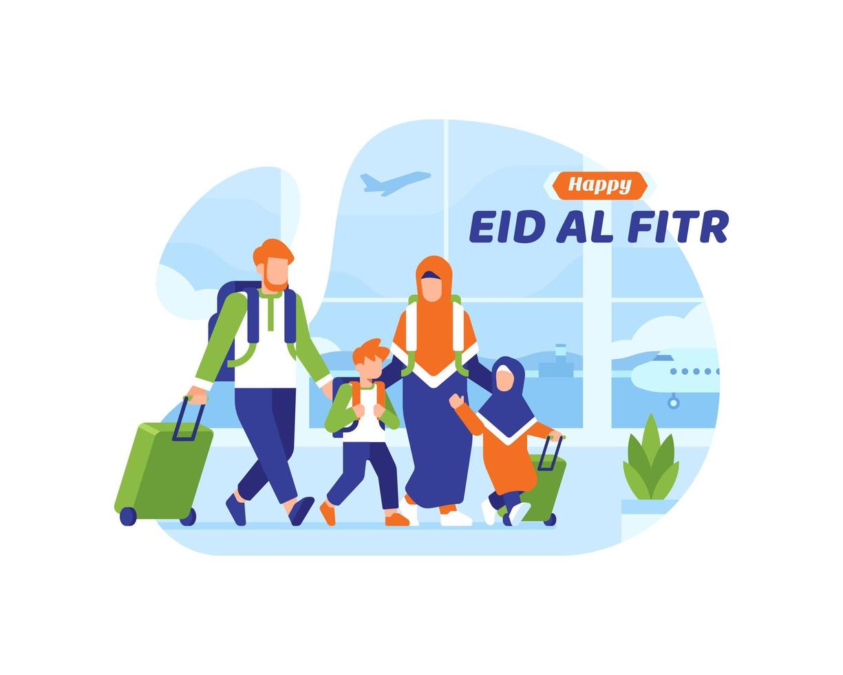 Feliz fondo eid al fitr con familia musulmana abordar un avión vector