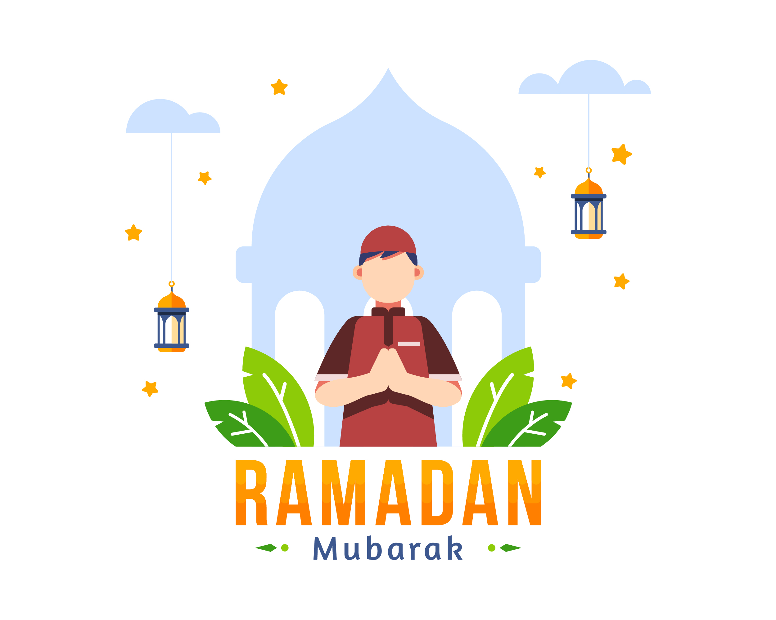 Ramadan Kareem Greeting Background With Muslim Young Boy Praying