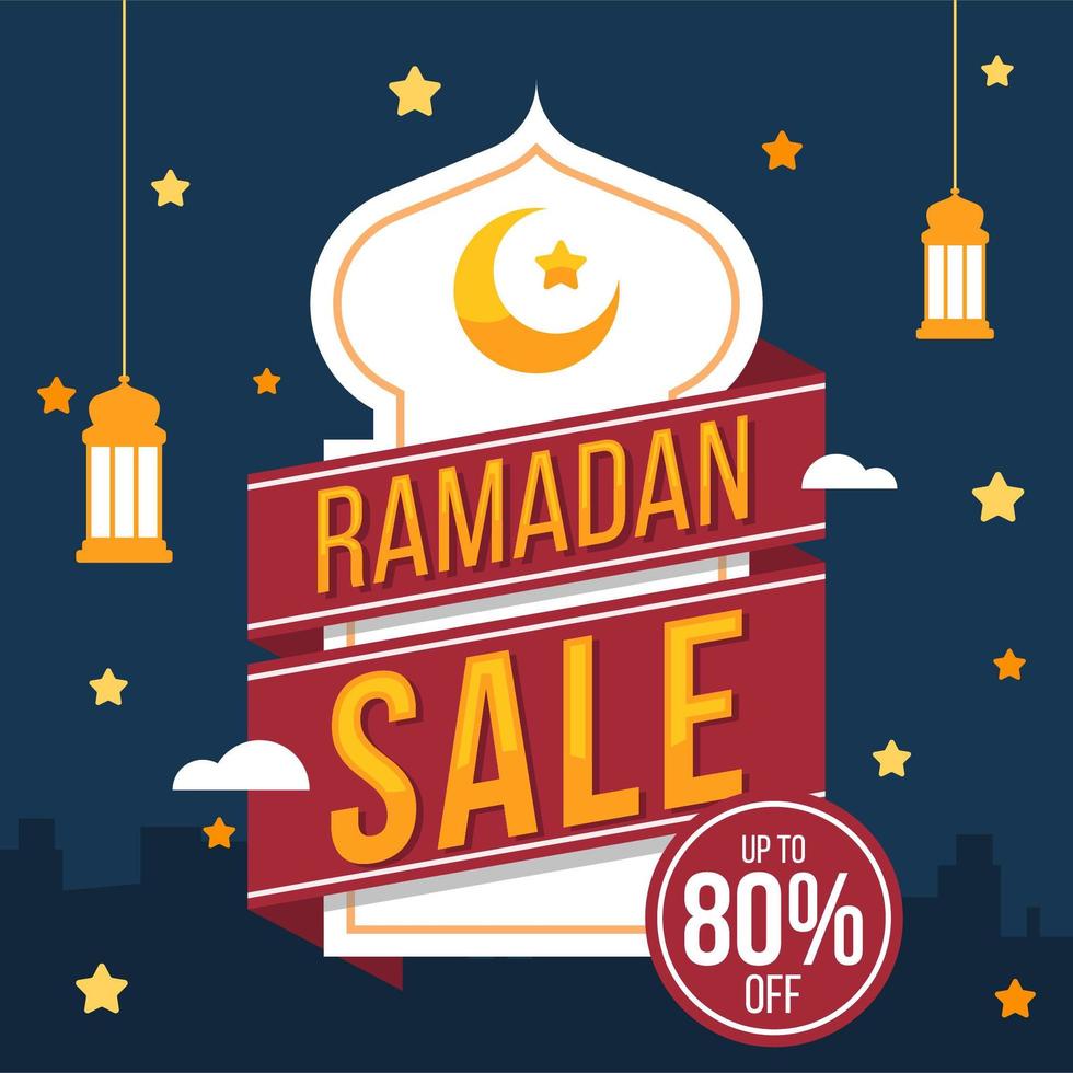 Fondo de venta ramadhan con insignia roja y cinta vector