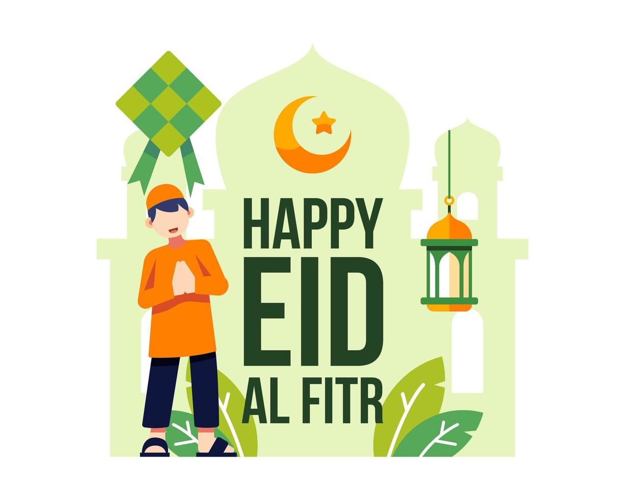 Happy Eid Al Fitr Background With Young Muslim Boy  vector