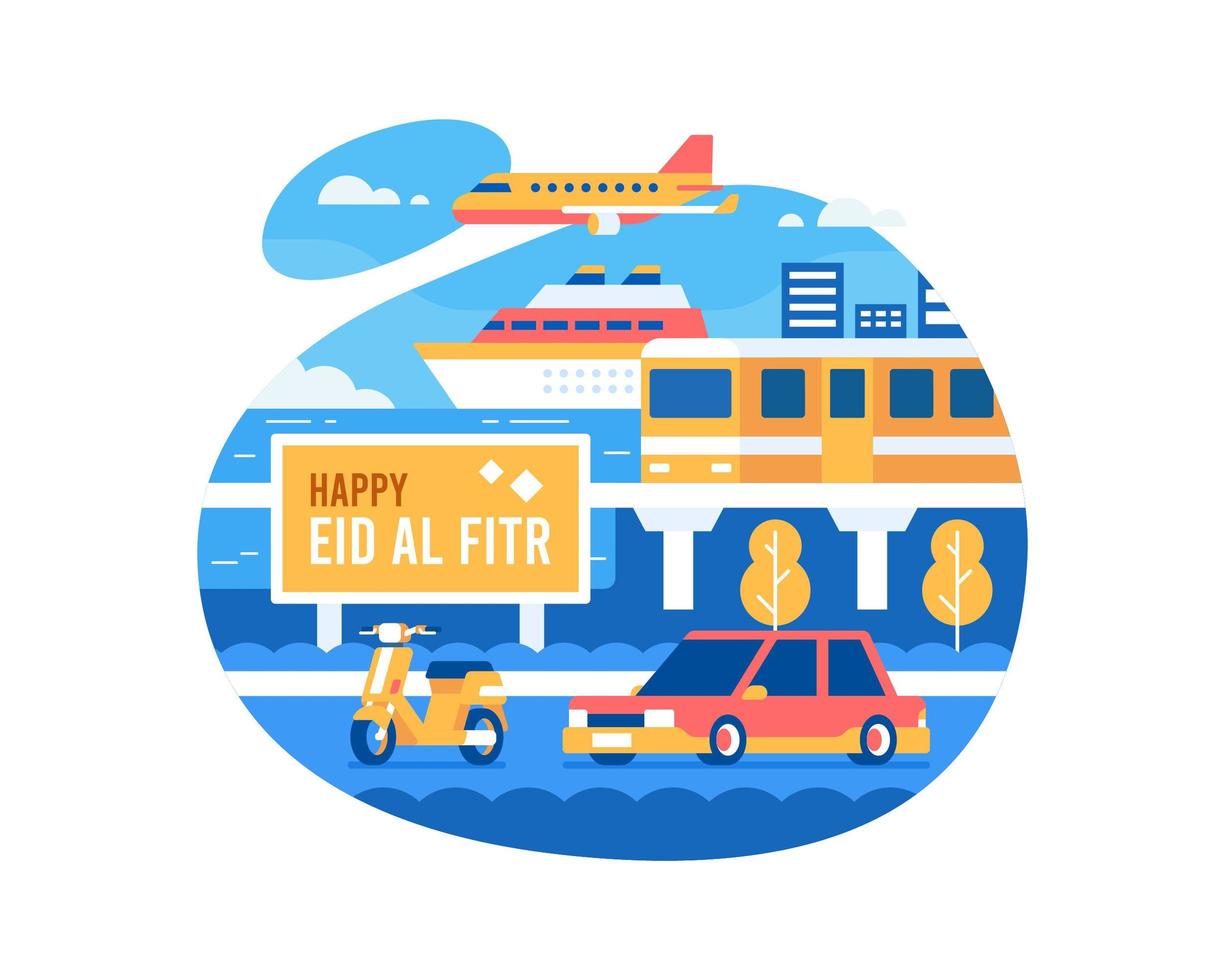 Happy Eid Al Fitr Background With Transportation Vehicles  vector