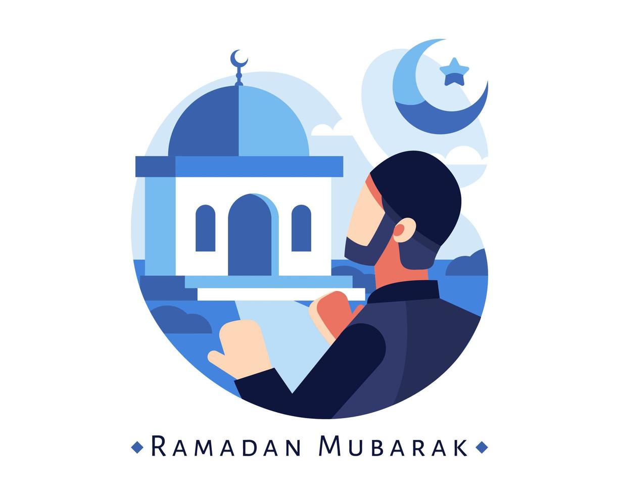 Fondo de Ramadán Mubarak con un hombre musulmán rezando en la mezquita vector