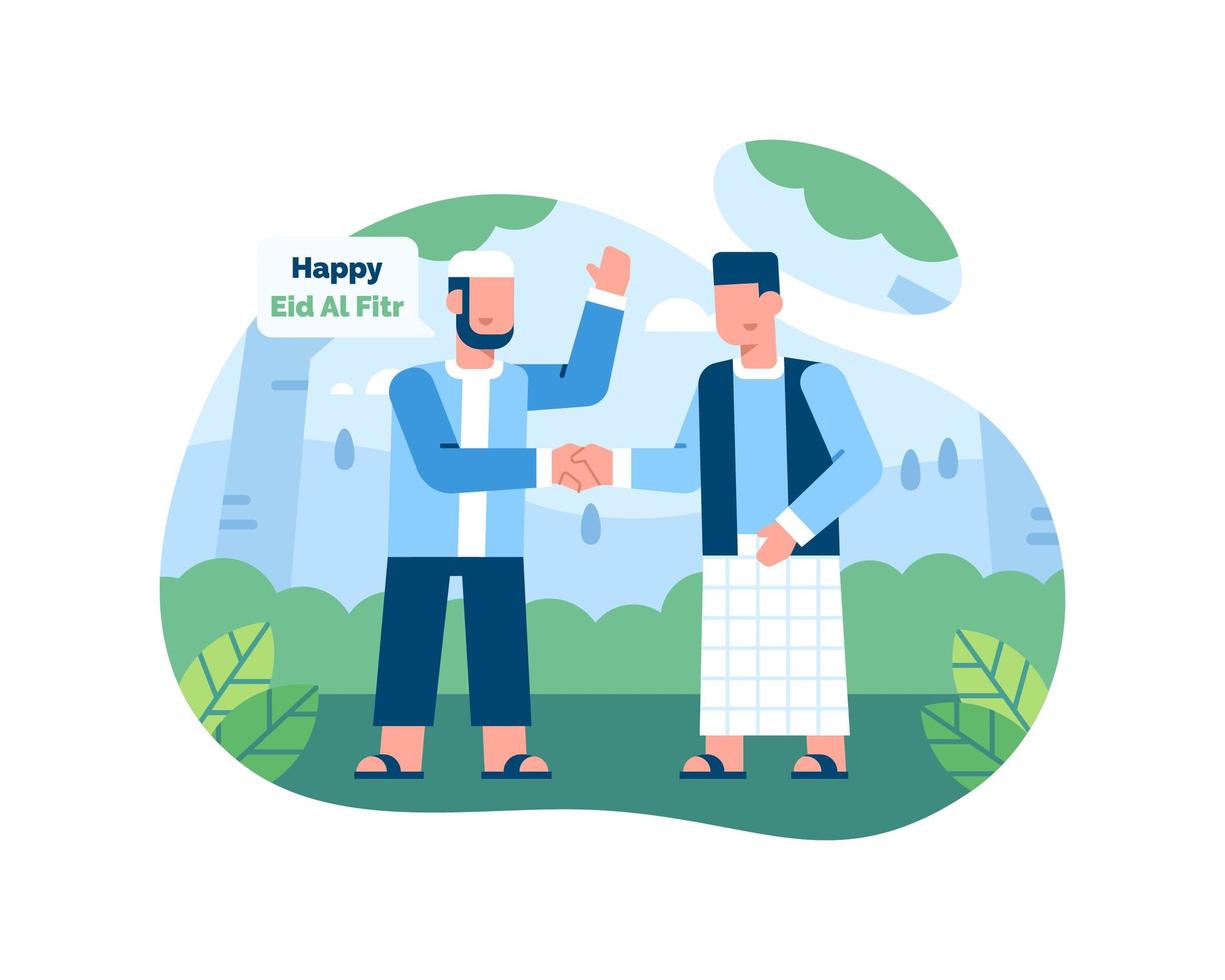 Happy Eid Al Fitr Greeting with Two Men Greeting Each Other vector