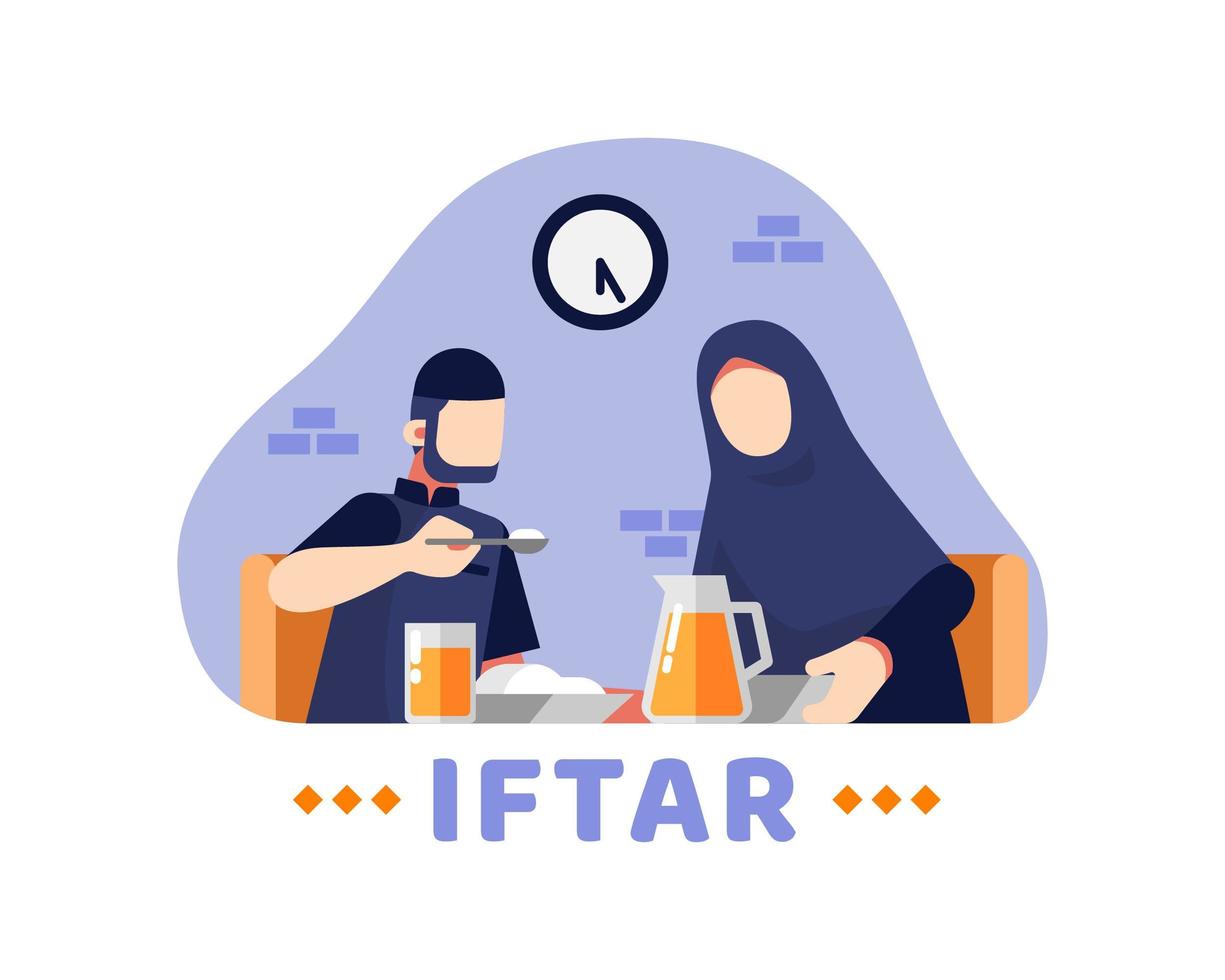 Fondo iftar con pareja musulmana comiendo juntos en la mesa vector