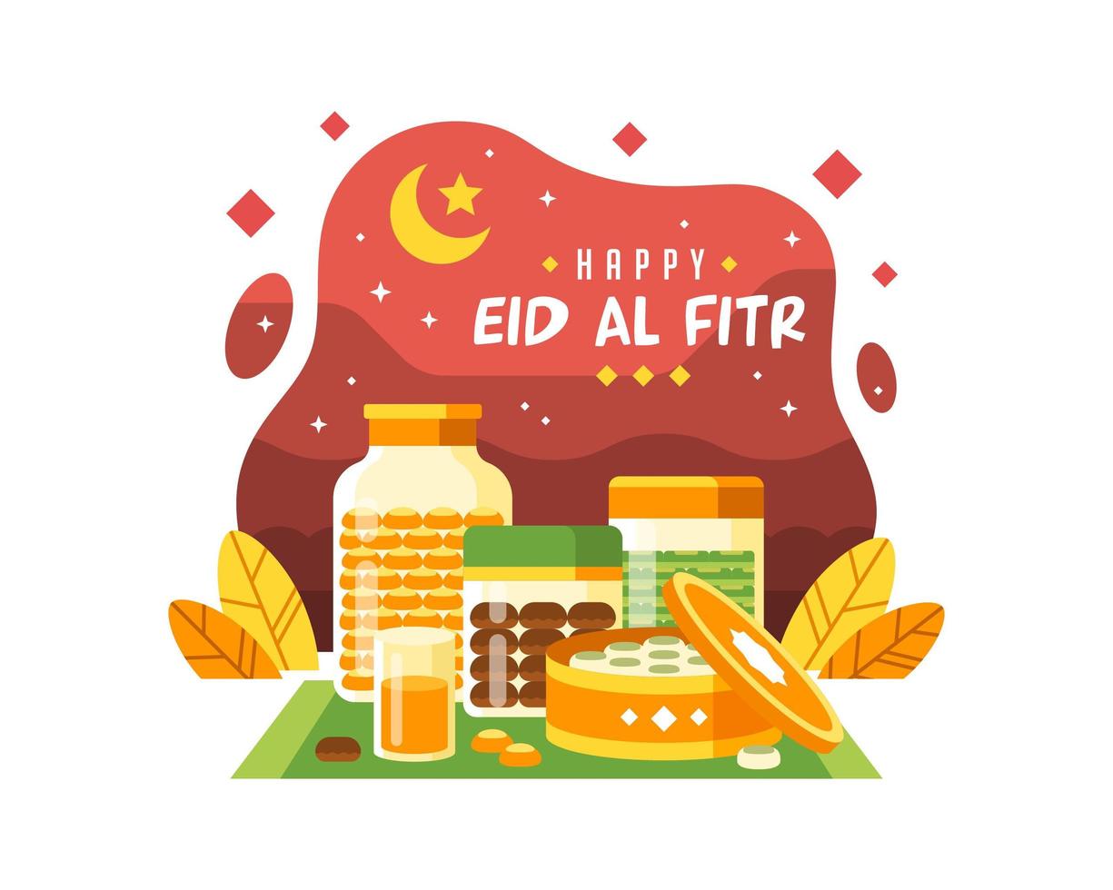 Feliz fondo de eid al fitr con varios alimentos vector