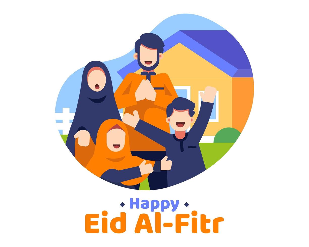 Feliz fondo eid al fitr con familia musulmana en frente de la casa vector