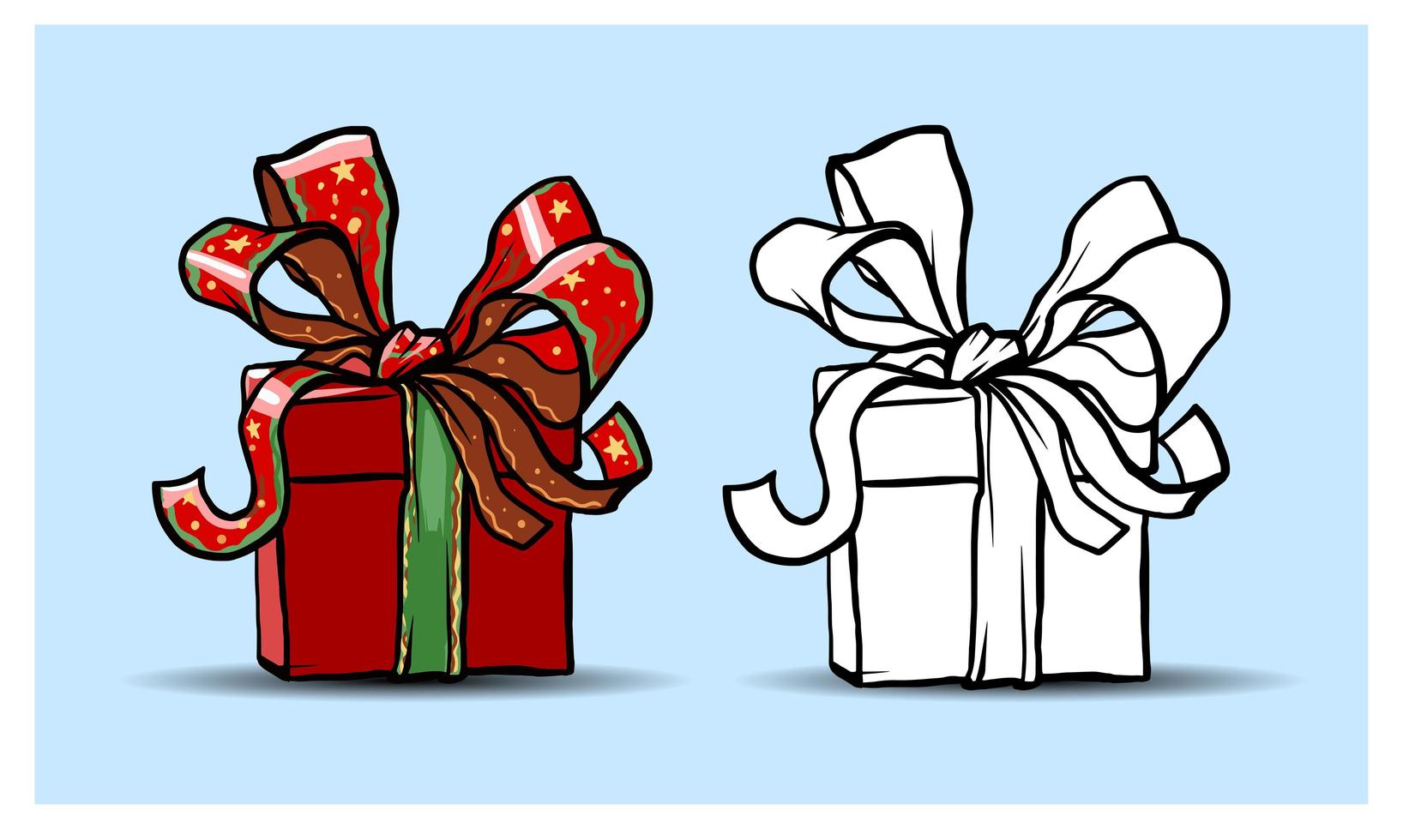 elementos aislados de navidad. cajas de regalo. dibujos animados, colorido y contorno. bosquejo. vector