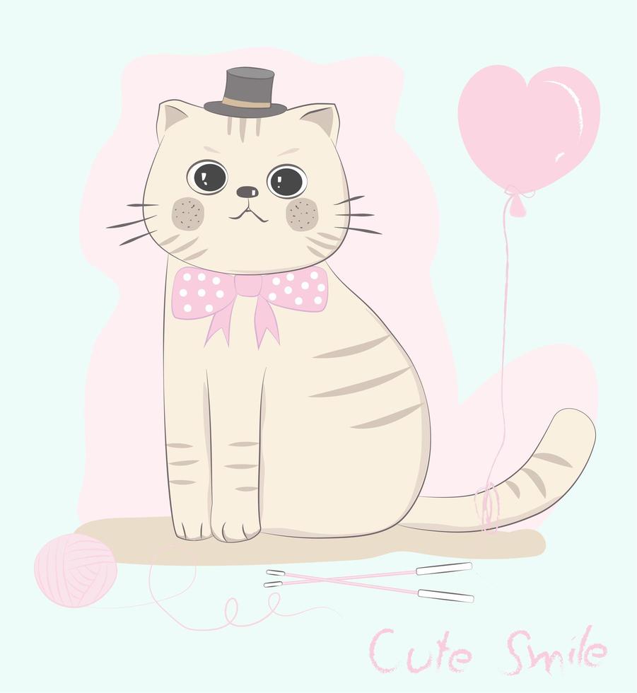 gato con pajarita con globo corazón rosa vector