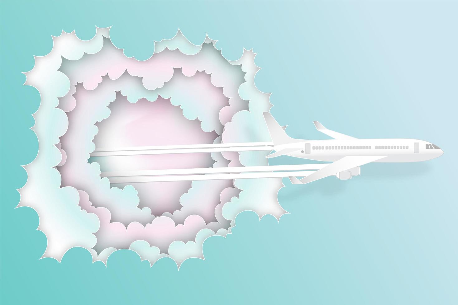 Pastel paper art of airplane flying from clouds vector