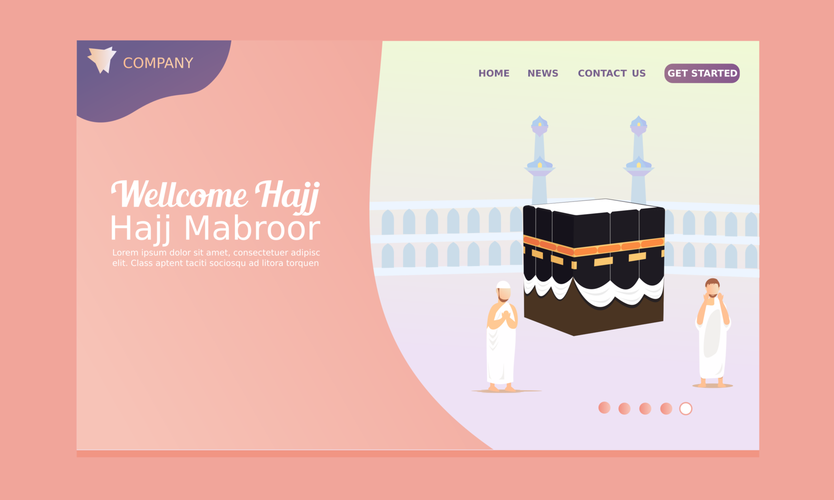 Welcome hajj landing page with men praying vector