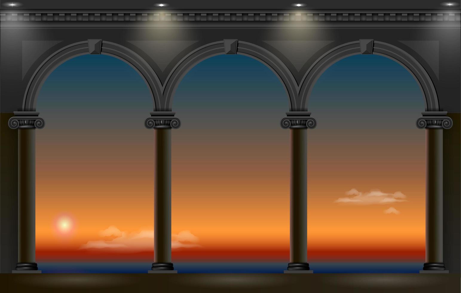 Arches of a palace with night sunset view vector