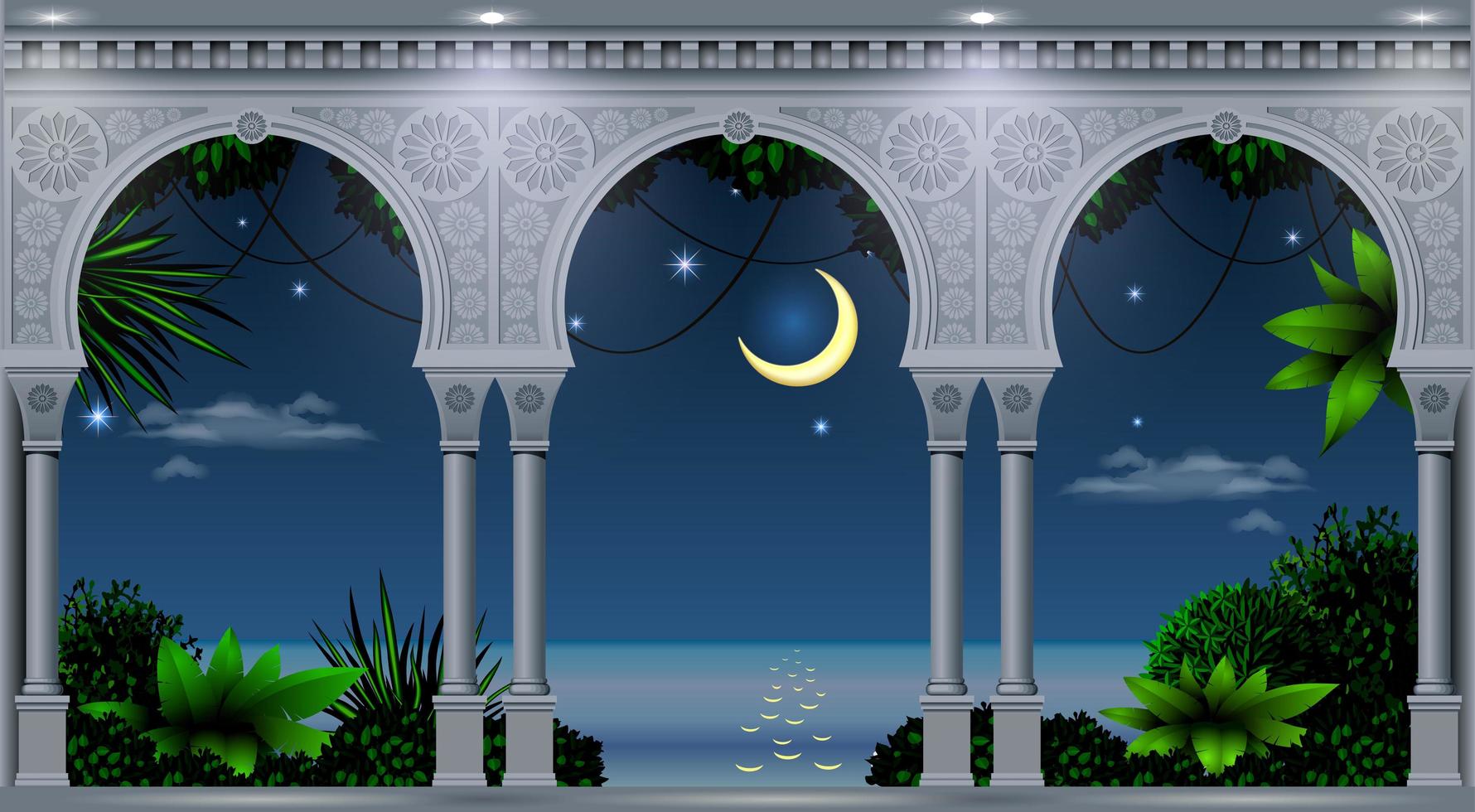Tropical night view from balcony of a palace vector