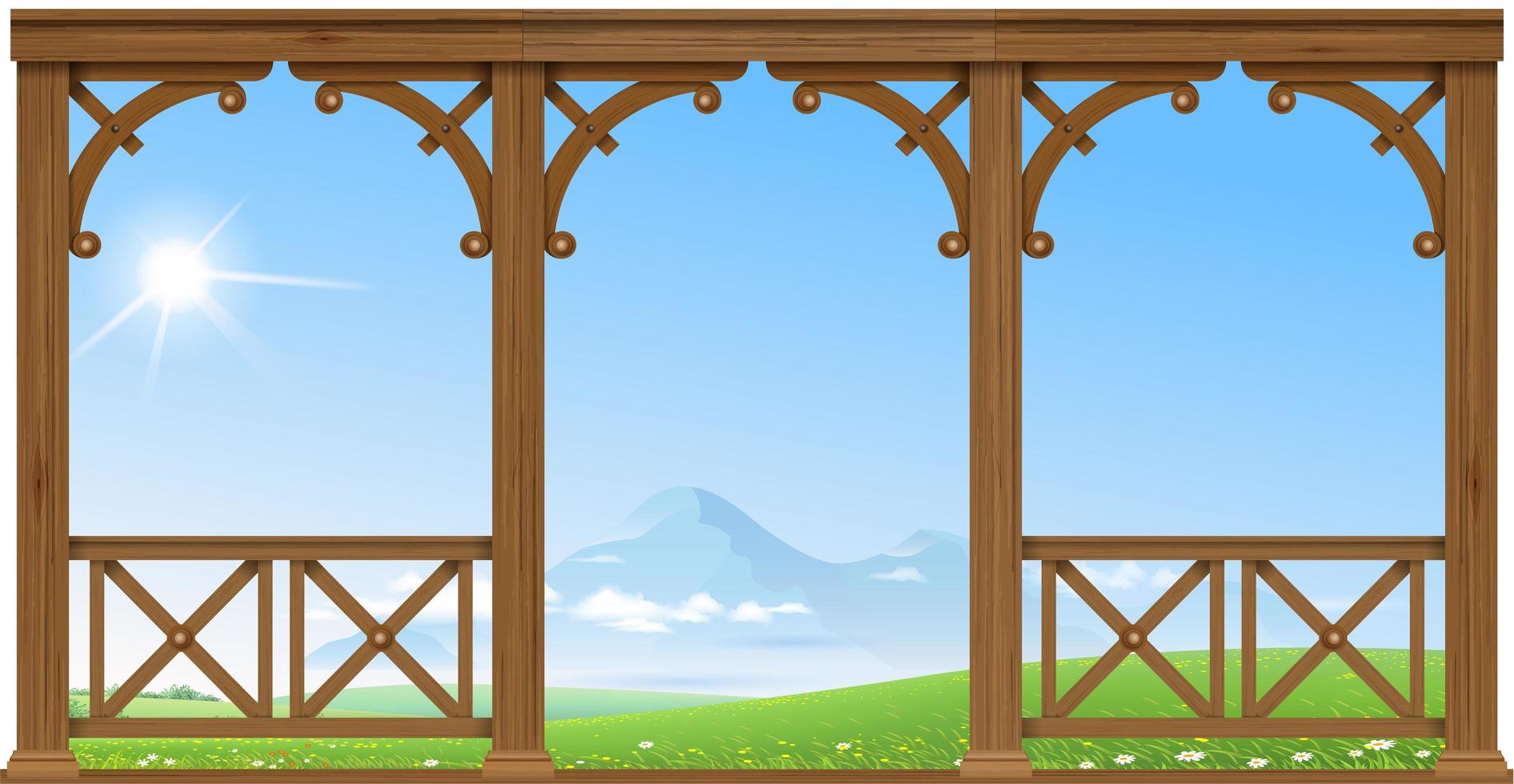 Wooden old porch overlooking the hills vector