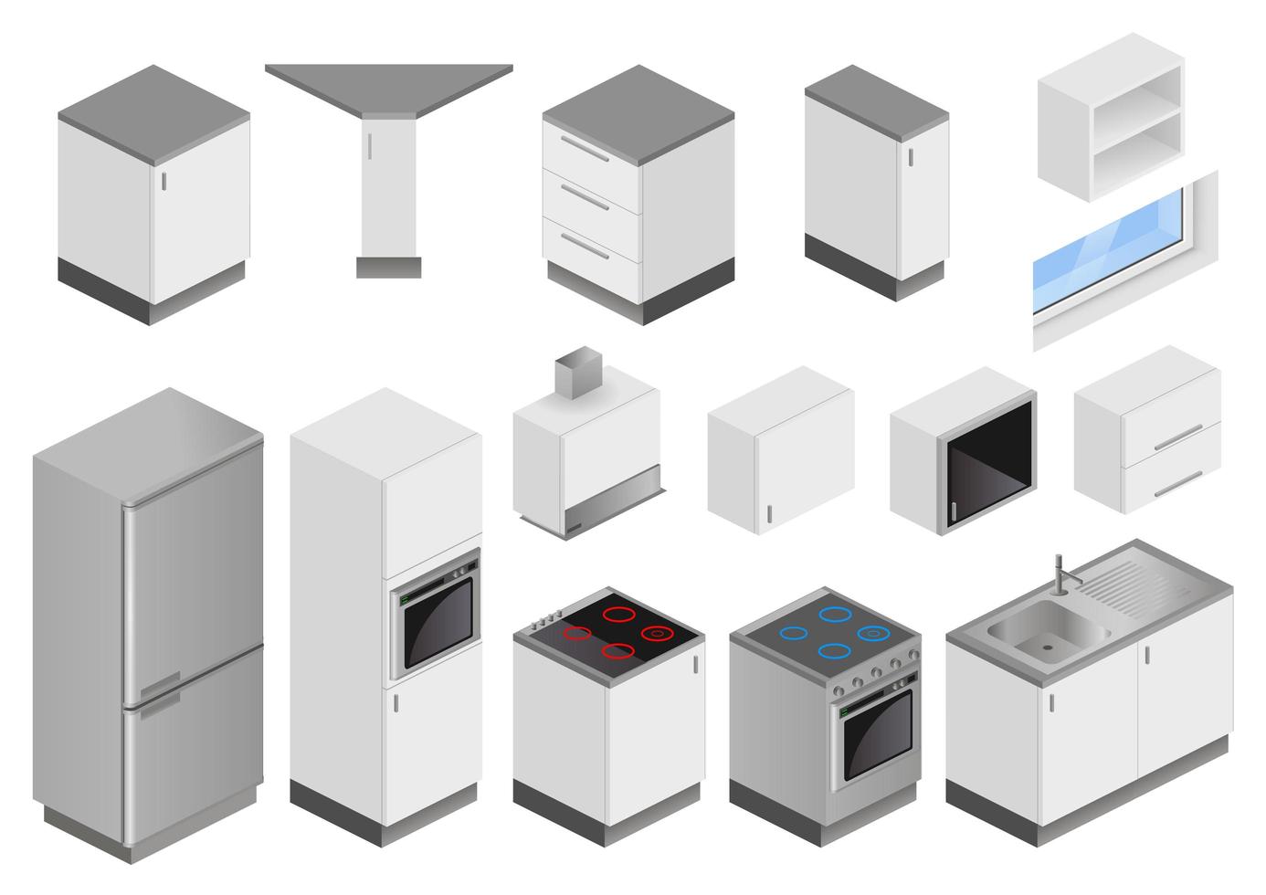 Isometric kitchen furniture and equipment vector