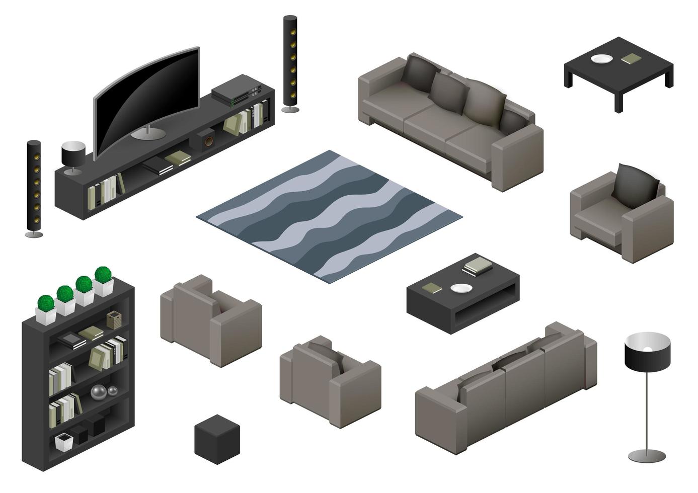 Isometric living room furniture element set vector