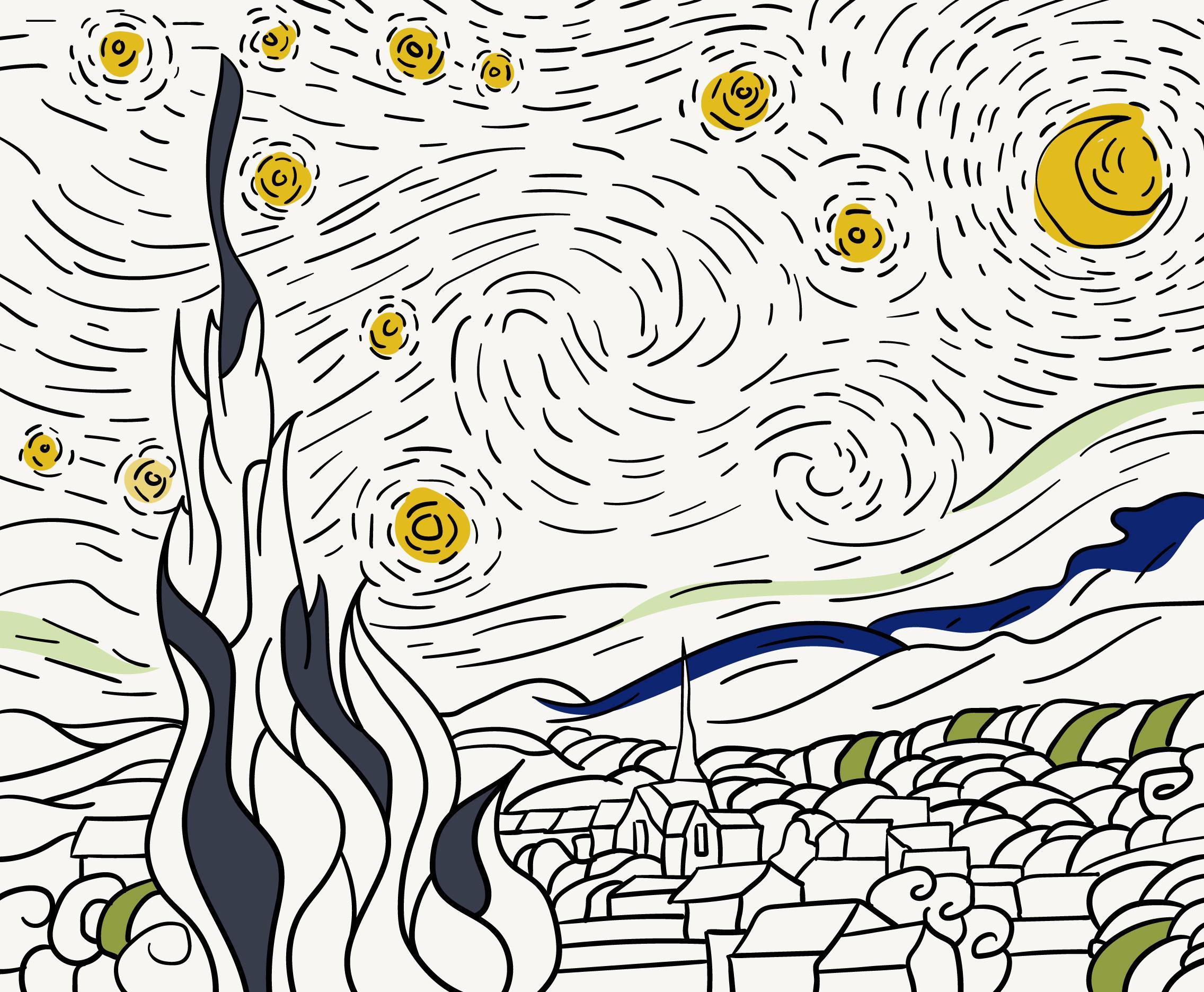 The Starry Night 1889 by Vincent van Gogh adult coloring page 1218829